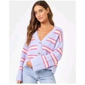 L*SPACE New Fuzzy Sandy Dune Stripe Montauk Button Front Cardigan Size Large